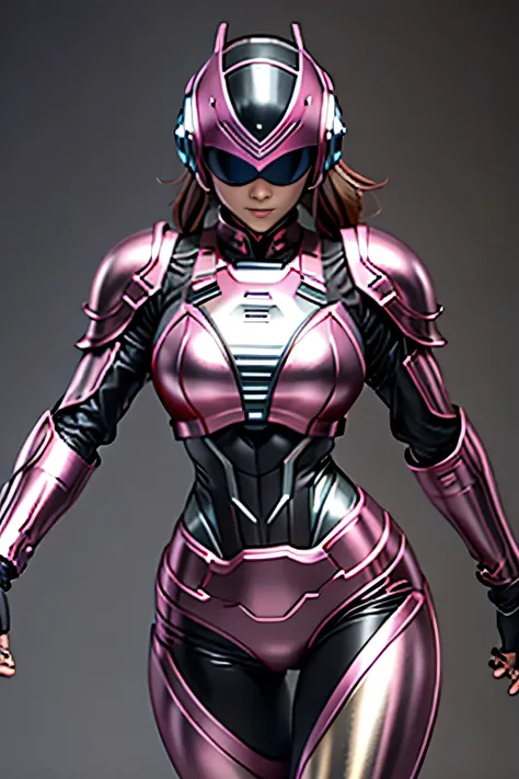 female robocop solo、Armor that completely covers the whole body、very large armor、helmet to hide eyes、metallic pink armor、Armor that completely covers the chest、thin and long legs、Vibrant posel body view