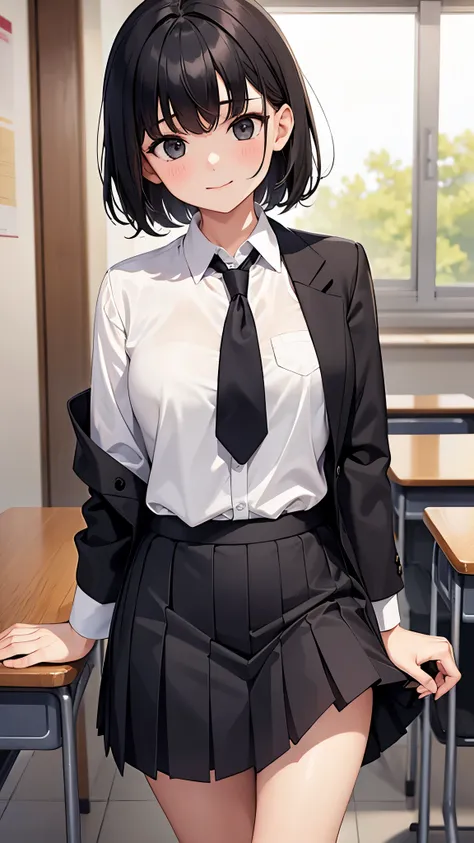 1girl, school uniform, classs, dark black short hair, medium breasts, dont smile, black eyes, white skin,