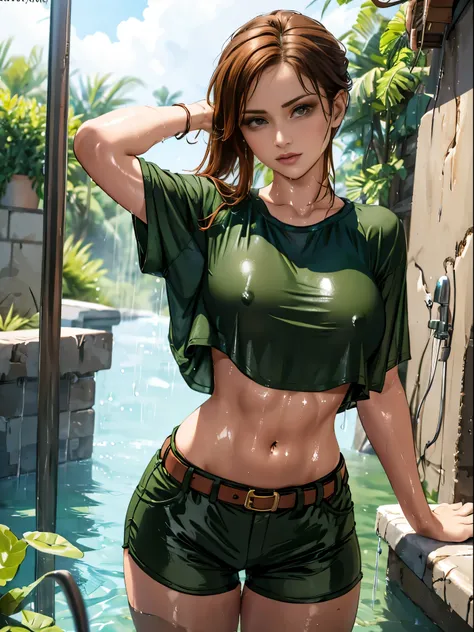 Lara Croft, gorgeous woman in wet shorts, wet clothes, dripping,, drenched, soaked, wet hair, sopping wet, soaked in oil, white t-shirt, midriff, tight clothes, brown hair, pony tail, belt, military green shorts, jungle, 1girl