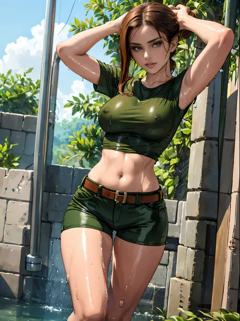 Lara Croft, gorgeous woman in wet shorts, wet clothes, dripping,, drenched, soaked, wet hair, sopping wet, soaked in oil, white t-shirt, midriff, tight clothes, brown hair, pony tail, belt, military green shorts, jungle, 1girl