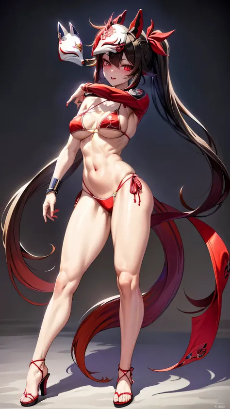 Face: Art style, Anime style color: Predominantly red with black and white contrasts, Eye color: bright crimson red, with luminous reflections. Hair color Black with red highlights, Hairstyle: twintails, adorned with traditional red and gold hair ornament,...