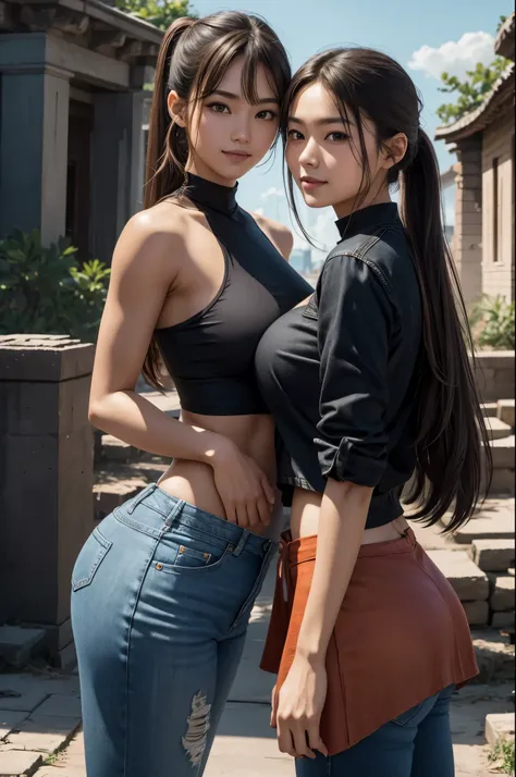 8k,twin sisters,super beautiful(like the real thing),My sister is cool, tall and has very big breasts.,lean muscular body,sexy,clear eyes,black eye,cool smile,black long perm,black jeans,compensate,super realistic skin,my sister is short and muscular、 ., m...