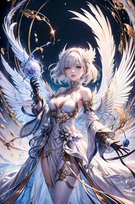 1 girl, solo, official art, Unity 8K 壁紙, super detailed, Be cute、beautiful, master piece, highest quality, Photoreal, female angel、one white wing、silver armor、feathered helmet、long steel spear、shining angel ring、magic of light、Depth of the bounds written, ...