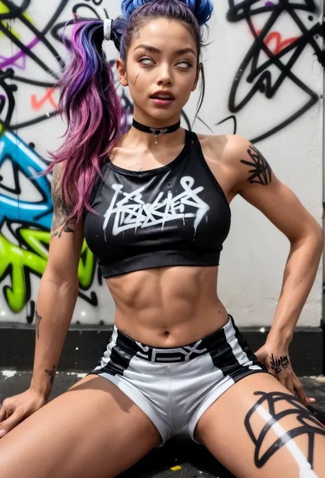 photorealistic,absurdres, skater girl model, best quality,1girl, solo, streaked hair, intricate latex crop top, tight sportswear shorts, choker, (graffiti:1.25),  paint splatter, arms behind back, (slouching), leaning back, against wall, looking at viewer,...