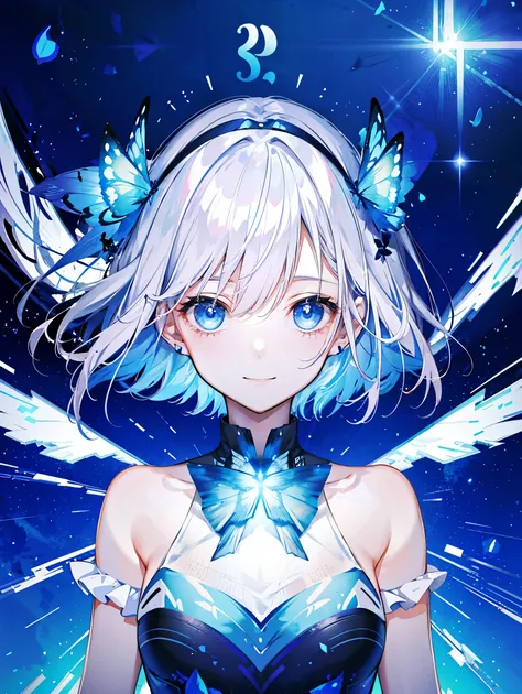 1 girl，  blue eyes， shift dress， blue clothes， gray hair，blue butterfly flying，smile happily、 remand， particles of light， please open your mouth， in the room， gem， sleeveless， bare shoulders， by bangs，beautiful and detailed eyes， detailed background，