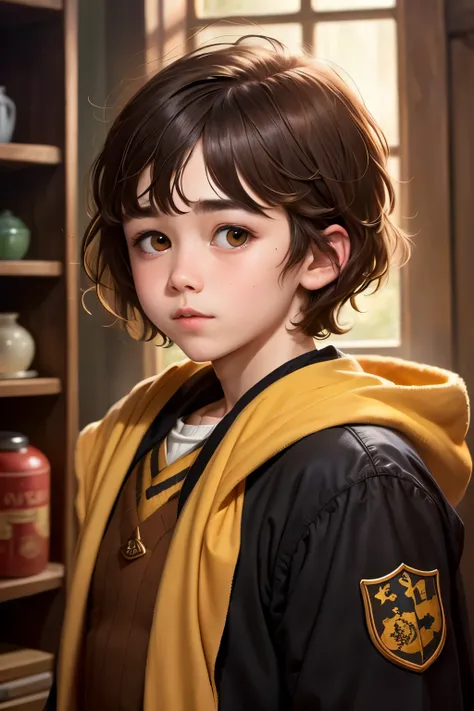 Generate a dark fantasy, 11yers old neville longbottom, Puffy cheeks yong, cute, fatface, bobhaircut, shorthair, straight hair, hufflepuff cosplay,