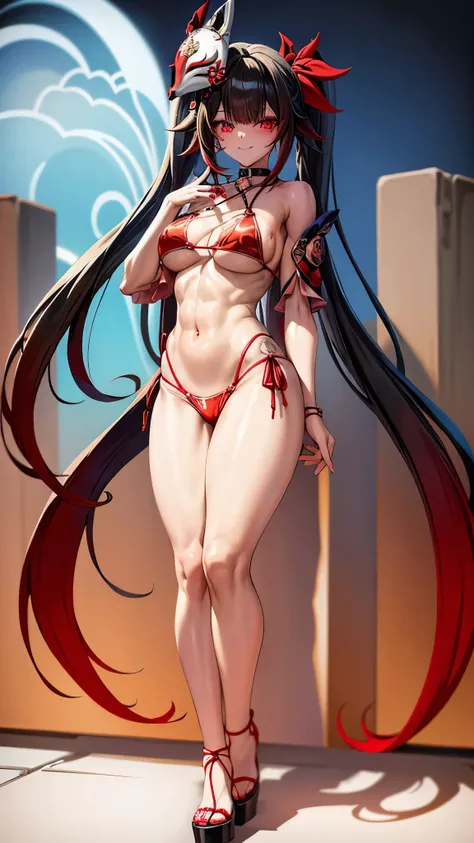 (((Work of art))), anime style, Predominantly red with black and white contrasts, Eye color: bright crimson red, with luminous reflections. Hair color Black with red highlights, Hairstyle: twintails, adorned with traditional red and gold hair ornament, smi...