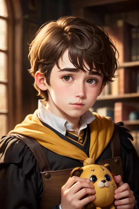 Generate a dark fantasy, 11yers old neville longbottom, Puffy cheeks, yong, cute, fatface, bobhaircut, shorthair, straighthair, hufflepuff cosplay, neville longbottom