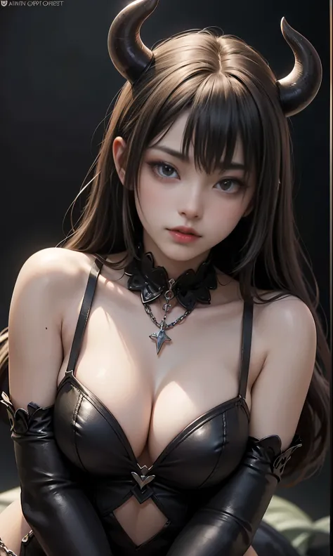 perfect beautiful portrait photo ((Devil Succubus)), slender body, ((large and heavy chest)), shapeless long hair, small corner, (Wearing a revealing Gothic costume), perfect functionality, abstract beauty, almost perfect, pure form, ((dynamic pose)), fant...