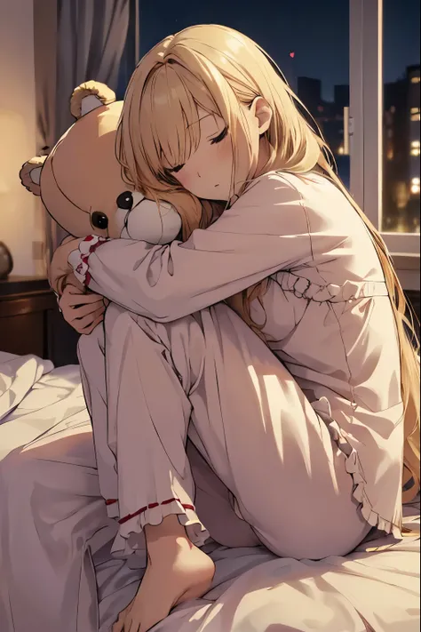 (NSFW:0.9),(:1.4), alone, whole body, sitting, dynamic angle, blonde, with ruffles, long hair, night, , sleepy, Want to sleep, hugging a teddy bear, Young girl in pajamas holding a big stuffed animal, in a bedroom environment,