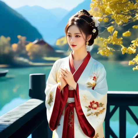 photorealistic,realistic,masterpiece,best quality,4k,，
a girl standing near the bridge over the lake, wear new chinese clothing ...