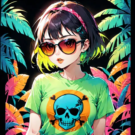 Illustration T-shirt, 1 female、alone、The strongest beautiful girl of all time、((incredibly absurd))、(((Stylish sunglasses))), skull fashion、pirate bandana,neon、short cut hair、lips in love、white skin、small breasts、 Tropical Color Palette, fabric texture, th...