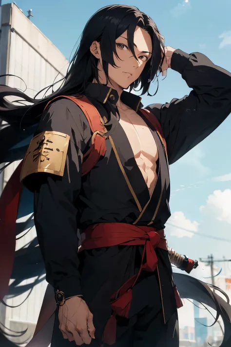 um personagem de anime,a man with big and long black hair and slant-eyed Korean samurai with defined jaw and very attractive and handsome colorful image a little similar to manga 