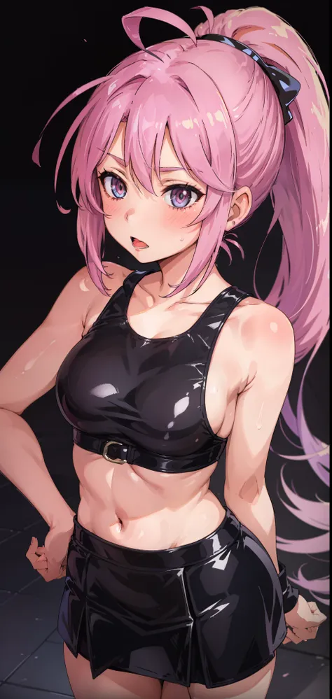 Jibril, ((upper body)), blushed, perfect anatomy, detailed eyes, detailed lips, extremely detailed eyes and face, vivid colors, sharp focus, masterpiece:1.2, ultra-detailed, blushed, ((doggystyle)), (solo), (((cropped tank top, latex, goth,latex skirt))), ...