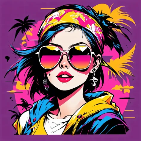 illustration t-shirt, 1 female、alone、(((the strongest pirate girl in history)))、((incredibly absurd))、(((stylish sunglasses))), ...