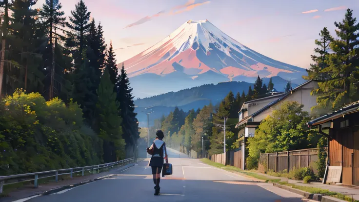 syber punk style image of a road in Japan with a kitten walking and Mount Fuji in the background