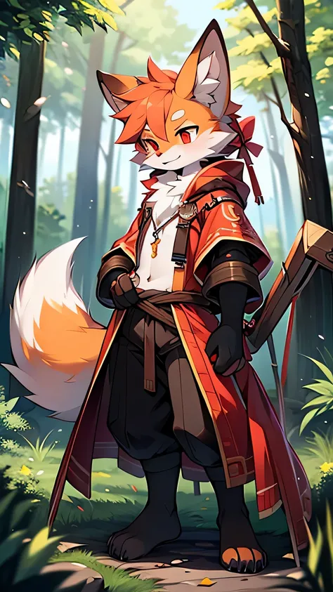 hairy的，fox boy, paw，tangerine，red eyes，detailed characters，forest，hairy，Full Body hairy的，fur，alone，一条hairy的狐狸尾巴 ,thin，Carrying a bow and arrow on the back，Magic Arrow，prominent bow and arrow