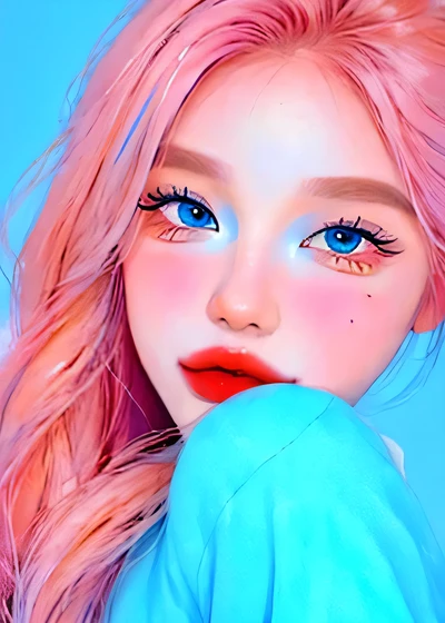 (((blue background))),painting of a woman with pink hair and pink lipstick, glossy digital painting, style digital painting, in the style of digital painting, soft digital painting, In Bowater&#39;art style, Beautiful artwork illustration, Beautiful and go...