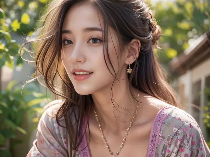 (8k, highest quality, masterpiece:1.2), (realistic, Photoreal:1.37), super detailed, one woman,cute, solo,beautiful and detailed sky,date,(nose blush),(laughter:1.15),(closed mouth)small breasts、beautiful and fine eyes、(hair length: 1.2)、Floating hair Nova...