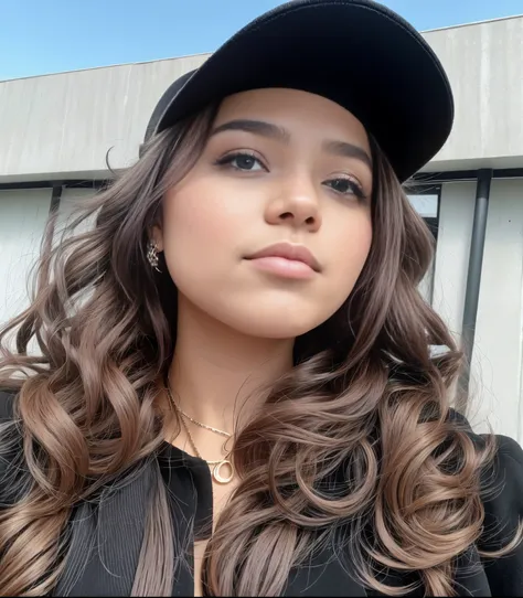 there is a woman with long hair wearing a hat and a black jacket, ele concorda, retrato de sophie mudd, hailee steinfeld, kailee...