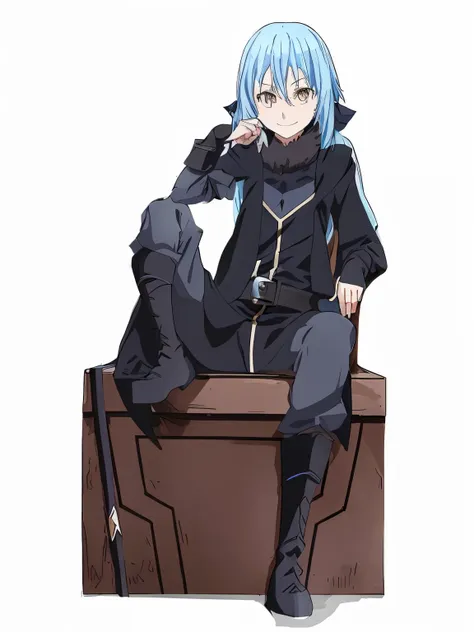 a close up of a person sitting on a chair with a sword, That Time I Got Reincarnated as a Slime style anime, rimuru tempest, sao, profile shot of rimuru tempest, sitting on a box, sitting in a box, rimuru_tempest, blue hair, yellow eyes, long hair, one leg...