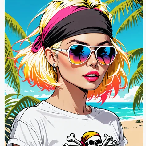 Illustration T-shirt, 1 female、alone、(((The strongest pirate girl in history)))、((incredibly absurd))、(((Stylish sunglasses))), ((skull fashion))、pirate bandana,neon、short cut hair、lips in love、white skin、small breasts、 Tropical Color Palette, fabric textu...