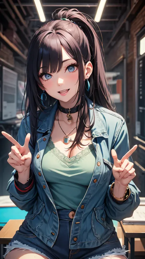 最high quality、best image quality、masterpiece、girl((20-year-old、 By becoming、vest bust、medium bust,wide open breast tea、shining eyes, neon hair、long hair、thin,highest valley、ponytail、Damaged Denim Shorts、black navel shirt、Damaged Denim Jacket、smile、full bod...