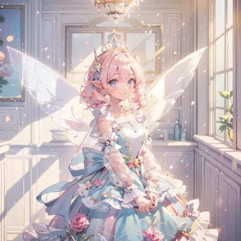 masterpiece,highest quality, Extremely detailed, beautiful, exquisite, 16k, Full HD, disorganized,white background,((Upper body,half body photo)),((smile,Happy:1.5)),((Sparkling fluffy layered ball gown)), (Grasp the hem of your dress and bow slightly.),lo...