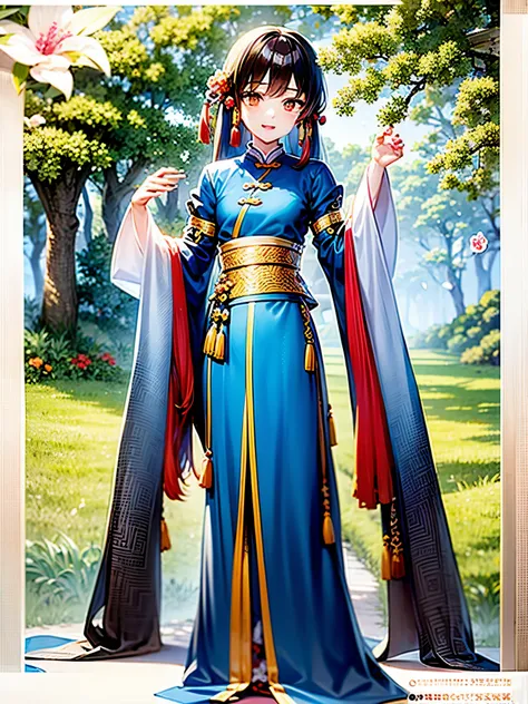 20th generation men、Red hair、Mitsuami、hair ornaments、cheongsam clothes、cheongsam trousers、fighting pose、full body figure、Bamboo forest in the background