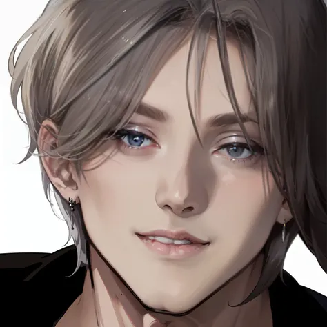 a handsome young man with blonde hair, in the style of dark silver and light gray, light gray and black, manga art, anime art, close-ups, male focus, portrait, smirk, mole under eye, mole, short hair, brown eyes, brown hair, earrings, bangs, jewelry, full ...