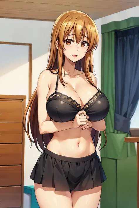 Huge tits, black bra, panties, Busty, slim waist, best quality, (masterpiece:1.2), highly detailed, street,
1girl,  kotegawa nanaka, looking at viewer, slight smile, open mouth, brown eyes, long hair, indoor, room, bedroom, wardrobe, legs, straight hair, w...