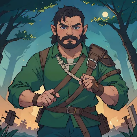 (((masterpiece))), (((best quality))), illustration, single character, game character, rpg character, square shaped head, square shaped face, bearded, moustache, short beard, tough guy, manly character, man, orc man, goblin male character, orc archer male,...