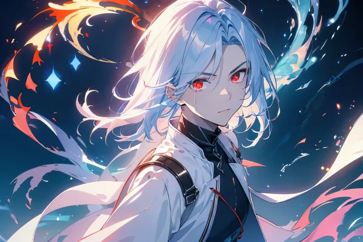 (ultra-detailed, perfect pixel, highres, best quality, beautiful eyes finely detailed), 19 years old boy, have power like demon god in manhwa, full of demonic aura, angry facial expression, green eye color (glowing red eyes), white hair (half of his hair c...