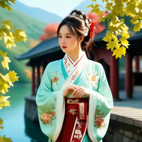 photorealistic,realistic,masterpiece,best quality,4k,，
a girl standing near the bridge over the lake, wear new chinese clothing ...