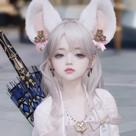 anime fille with blanc hair and ears holding a blue umbrella, blanc fox ears, fille with chat ears, Oreilles de loup, blanc chat fille, lineage revolution style 2, oreilles pointues, blanc ( chat ) fille, pale oreilles pointues, lalafell, guweiz, des cheva...