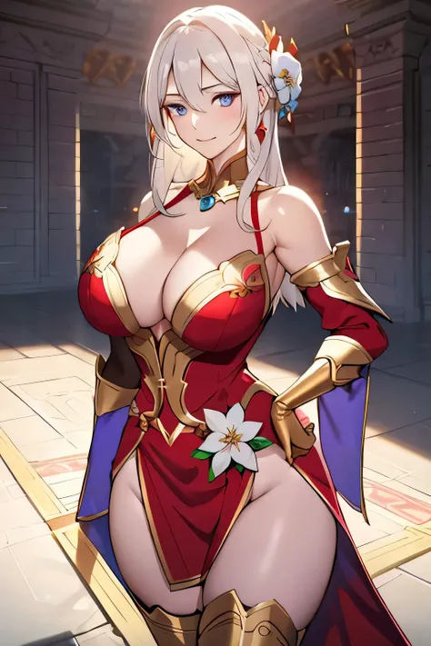 Lian, long white hair, hair stick, bangs, blue eyes, solo, smiling, standing, upper body, hips, bare shoulders,purple thighhighs, red dress, gold jewelry,armor,gloves,circlet, cleavage, red and gold royal castle, gigantic breasts, (best quality, masterpiec...