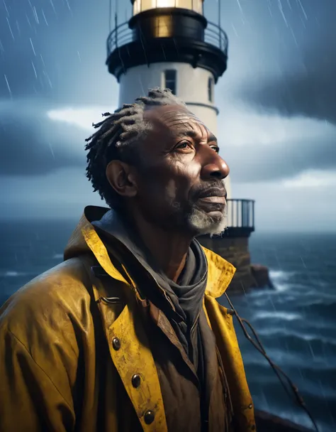 (A close up of a tower keeper standing on a towering lighthouse on the cliff with a searchlight held high),portrait，close up， He lowered his head to guide the ship in the distance.. He has rough brown skin and a wrinkled face. He is vicissitudes of life, W...