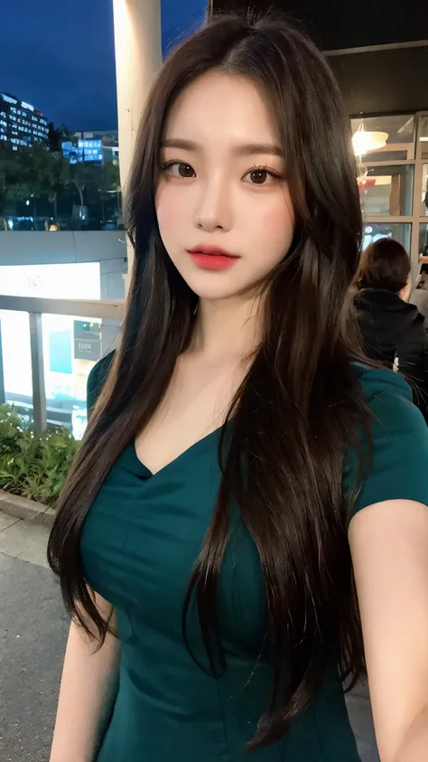 ((realistic lighting, best quality, 8 thousand, masterpiece: 1.3)), Concentrate upon: 1.2, 1 woman, perfect body beauty: 1.4, slim abs: 1.1, ((dark brown hair)), (aqua dress: 1.4), (outdoor, night: 1.1), city street, super fine face, good eyes, double eyel...