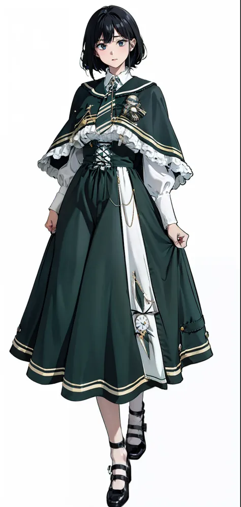 black hair,:cyb dress, collared shirt, long sleeves, necktie, capelet, frills, badge, long dress
