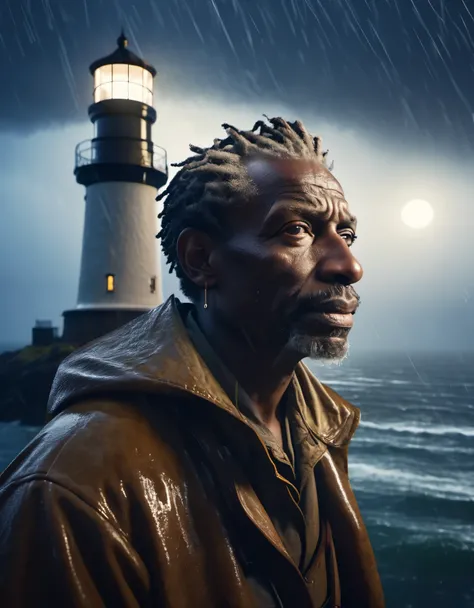 (A close up of a tower keeper standing on a towering lighthouse on the cliff with a searchlight held high),portrait,close up, He lowered his head to guide the ship in the distance.. He has rough brown skin and a wrinkled face. He is vicissitudes of life, W...