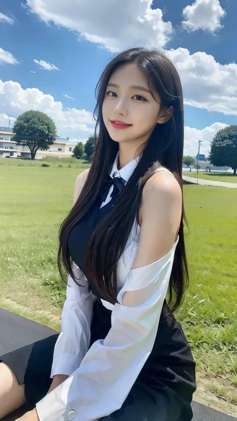 ((best quality, 8 thousand, masterpiece:1.3)), Beautiful girl, pure, Melon face, gentle and cute, sweet smile, pure desire, thin figure, (face), (tilted head), looking straight at the camera, Uniform, mind, official, long black silky hair, long hair flowin...