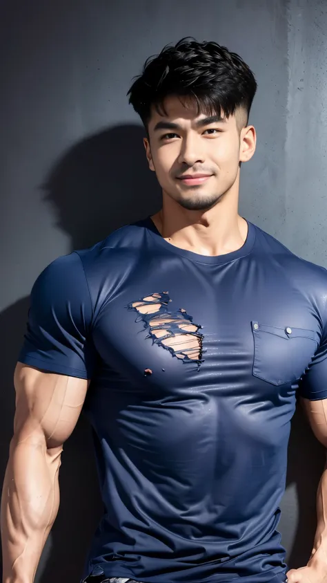 (Create a masterpiece), (CGI art),(realistic), (Sharp focus), korean men 1 คนบาดเจ็บโดนจับมัด,((Abrasions on the body...)), (Wear a navy tight T-shirt.), Jeans, korean men, chest muscles, large arm muscles, blood vessel, big muscles, Broad shoulders, looki...