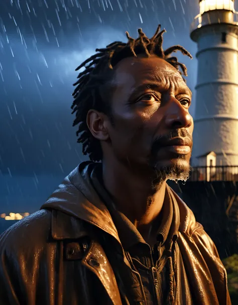 (A close up of a tower keeper standing on a towering lighthouse on the cliff with a searchlight held high),portrait,close up,searchlight, He lowered his head to guide the ship in the distance.. He has rough brown skin and a wrinkled face. He is vicissitude...