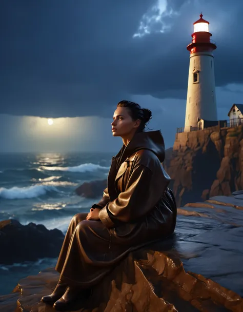 (brunette girl sitting on cliff rock looking at lighthouse),portrait，close up， he lowered his head to guide the ship in the dist...