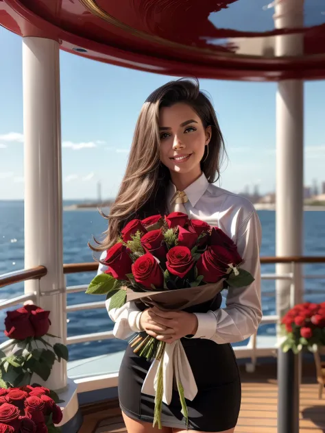 (front shot, in the center of photo:1.4), (full body postrait:1.4) a gorgeous woman (Cristy Ren), wavy hair in the wind, She has a subtle smile, ship officers uniform (she wears a white shirt with a black tie and a ship officers uniform:1.2), ((background ...