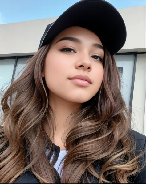 there is a woman with long hair wearing a hat and a black jacket, Ele concorda, Retrato de Sophie Mudd, Hailee Steinfeld, Kailee Mandel, selfie de uma jovem, Isabela Moner, estilo de julia razumova, embaralhamento dos namorados, profile picture with headsh...