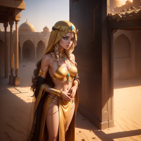 Photo of (arabian princess:1.5) Packed hall standing in the background々and衣装を着て (Cyberpunk Desert:1.3), (Exotic Royal Palace:1.5) and (sunset sky:1.2). In a complex hijab, Long vest in jewelry with gold embroidery, detailed face and eyes, (very detailed:1....