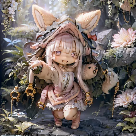 In a garden, a girl with a smile on her face, resembling Nanachi from Made in Abyss. She has beautiful, detailed eyes and lips. The girl is depicted in a (((chibi style,))) . The image quality is of the best quality, with ultra-detailed and realistic featu...