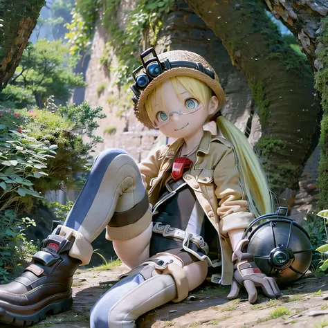 An ultra-detailed, realistic depiction of Rico from Made in Abyss, wearing black rim glasses
 smile straddling