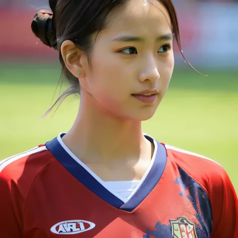 masterpiece, very detailed, Womens Soccer Players、Idol、bun hair、dribbling